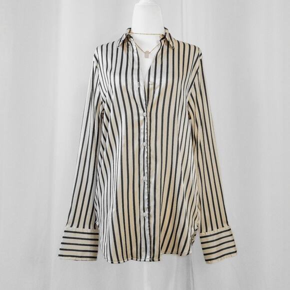 Beetlejuice style Striped Satin Button Up Blouse - Picture 1 of 6